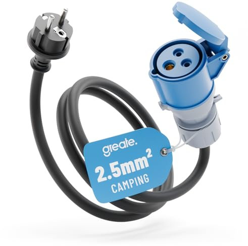 greate Adaptador schuko 16A a Conector CEE - Adaptador CEE 230V con Cable de 150 cm y protección IP44 - Enchufe para Caravana