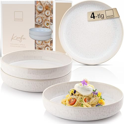 Sänger Korfu | Steingut Pastaschalen 4 tlg, Nudel Schalen Set 4 Personen, Schüssel Set spülmaschinenfest mikrowellenfest, große Schüssel Creme mit sandiger Maserung 850 ml | PREMIUM COLLECTION