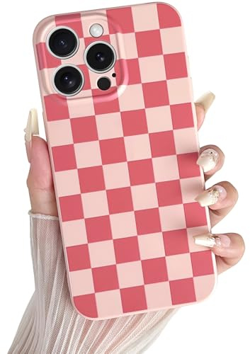 SmoBea Case for iPhone 14 Pro, Cute Checkered Checkerboard Pattern Design Soft TPU Silicone Phone Case with Camera Protection Slim Shockproof Protective Case for Women Girls - Pink