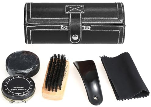 HeyNana Kit de nettoyage de chaussures de luxe avec étui en cuir noir, 5 pièces, avec brosse, chiffon et crème pour chaussures dans un sac en velours avec cordon de serrage