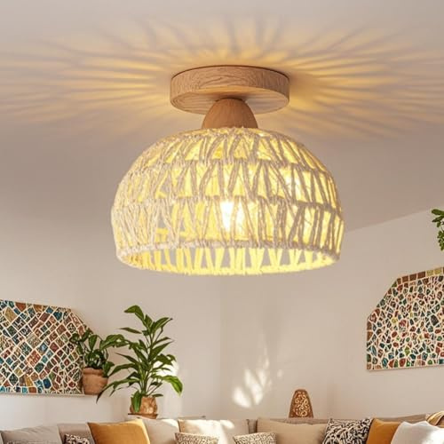 YESINTO Boho Deckenleuchte,Deckenlampe Rattan,Beige Deckenlampen,Deckenlampe E27 Retro,Für Wohnzimmer Schlafzimmer Küche Büro Flur,Deko Kunstwerk,30CM Flurlampen Vintage Cremeweiß