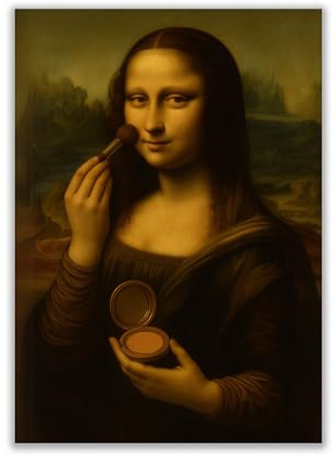 WBdesignz Lustiges Kunstposter – Mona Lisa mit Schminkpinsel und Puder – Ironische Popkultur-Parodie als Wanddeko für Bad, Schminktisch, Gäste-WC oder Studio (DIN A4) – ohne Rahmen