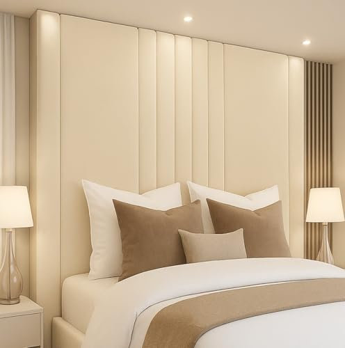 Thurcraftbeds M-Lines, Floor Standing Panel Headboard, 127-228.cm Height, Plush Velvet Upholstered, 3FT SINGLE | 4FT6 DOUBLE | 5FT KING-SIZE (Bed Mount, 90'' Tall, Cream, 6ft S.king)