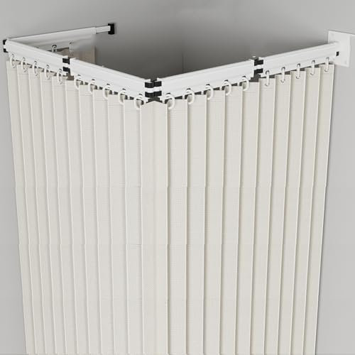 Tenda Da Doccia Pieghevole, Tenda Da Doccia in Lino Con Montaggio a Parete, Asta per Tenda Da Doccia Regolabile Ed Estensibile Con Ventose per Camera Da Letto, Balcone,White-5Folds