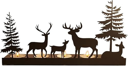 Adventskerzenhalter, Moderner Länglicher Kerzenhalter Metall, Schwarzer Kerzenhalter mit Rentier und Baum, Perfekte Weihnachtsdeko für Advent und Weihnachten