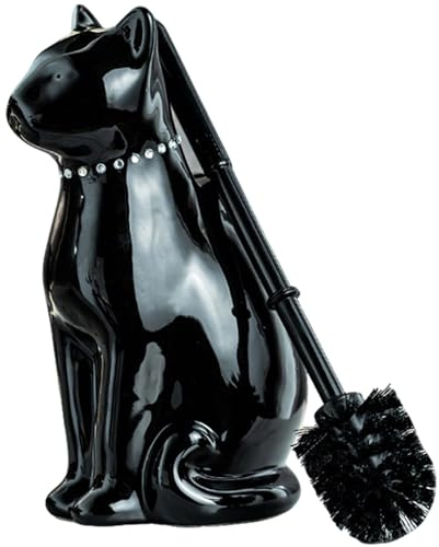 Ceramic Cat Toilet Brush Holder Set,Cat Design with Durable Plastic Brush, Modern Bathroom Accessories (Black)