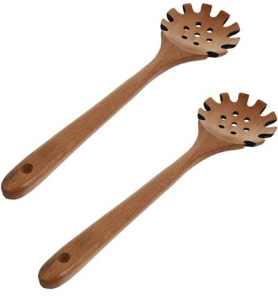 Amosfun 2 Pezzi Cucchiaio Pasta in Legno con Denti Mestolo Forchetta per Spaghetti con Manico Lungo Cucchiaio Scolapasta per Noodle Utensile da Cucina Resistente e Facile da Pulire Design