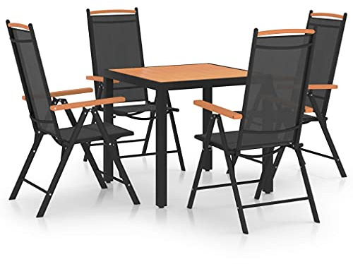 QJBSAVVA 5-TLG Gartenmöbel Set Schwarz aus pulverbeschichtetem Aluminium 80x80 cm Tisch 4 klappbare Sessel 7-Fach verstellbare Lehne Modernes Design Robust für Balkon Terrasse Camping