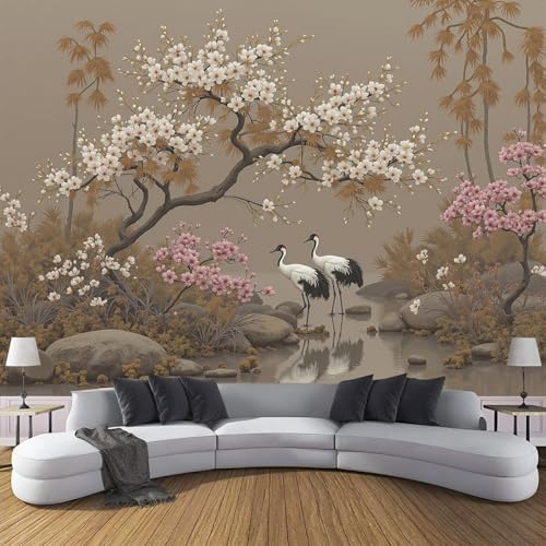 Kranichblumen Fototapete Chinesische Tuschemalerei Modern Design Tapete Seide für Wohnzimmer Schlafzimmer 150 x 105 cm