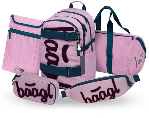 Baagl Schulrucksack Set Mädchen 5 Teilig Skateboard Rucksack 25 l Rose | Ergonomischer Schulranzen und Schultasche ab 3. Klasse als Grundschule Ranzen mit Brustgurt bietet viel Platz für Kinder.