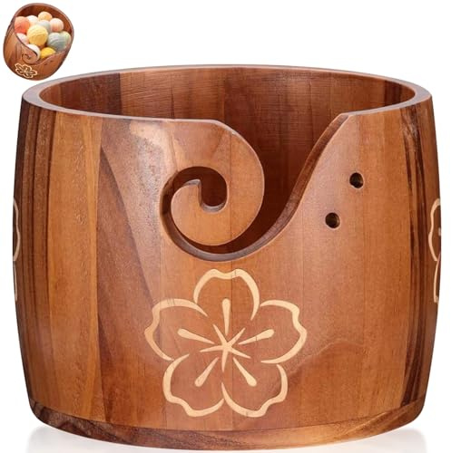 BOBILIFE Yarn Bowl, Large Pine Wood Yarn Bowl, 6.89x6.89x5.31in Yarn Storage Bowl, Suitable for Hand Crochet Tassel Knot Knitting