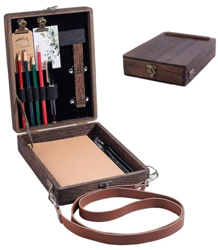 PH PandaHall Wooden Writers Messenger Box Sketch Tool Box Multifunctional Artist Bag Crossbody Sketch Art Easel for Travel Outdoor Painting Writing Brushes Pens Storage, 25.7x18.8x6.5cm