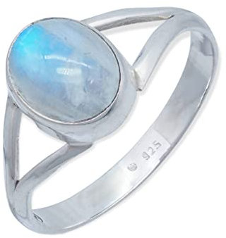 mantraroma Damen Ring Silber mit Stein Regenbogen Mondstein Edelstein weiß schlicht modern