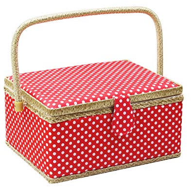 D&D Nähkästchen rot gepunktet, Nähkästchen groß mit Fächern inklusive wesentlichem Zubehör, integriertem Nadelkissen, Tasche und abnehmbarem Tablett (31 * 22,5 * 15 cm)