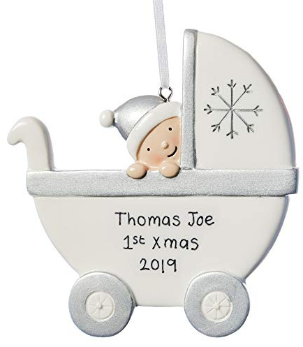 Alphabet barn Christmas Decoration Babys First Xmas Tree Bauble Personalised New Baby Gift Resin Pram Keepsake Gift Plaque Ornament (Silver