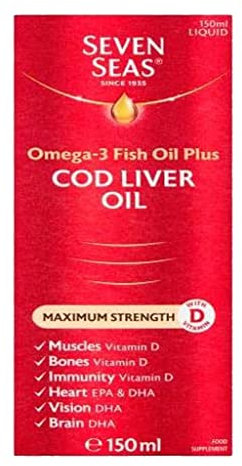 Seven Seas Omega 3 Fish Oil Plus Cod Liver Oil, Maximum Strength Liquid, 150 ml, Omega-3, EPA & DHA + Cod Liver Oil Tablets, Omega-3 Fish Oil, Can Be Taken On Its Own Or Mixed