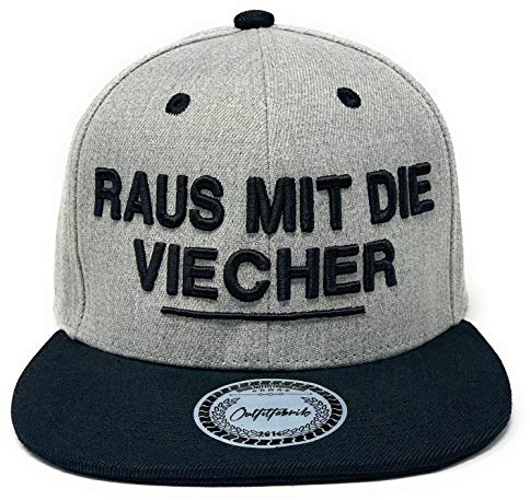 Outfitfabrik ❤️ Snapback Cap Raus mit die Viecher in grau-schwarz mit 3D-Stick in schwarz (Lifestyle, Provokation, Statement, lustige Sprüche) für Männer und Frauen, One Size, verstellbar
