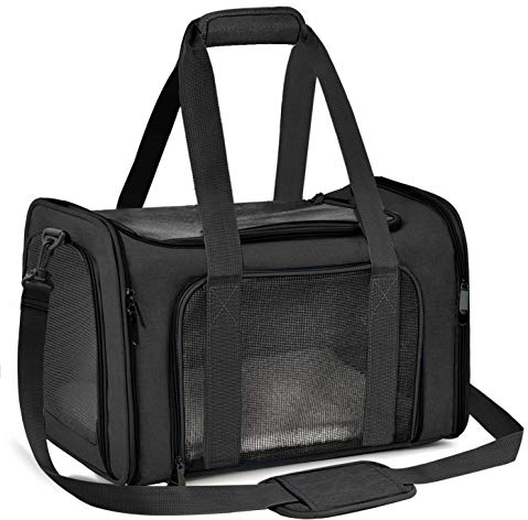 Qlfyuu Transporttasche für Katze Hund, Faltbare Tragebox für Mittel Kleine Haustiere im Flugzeug, Transportbox für Haustiere , 15lbs Katzen Hunde Tragebox(Schwarz, Medium)