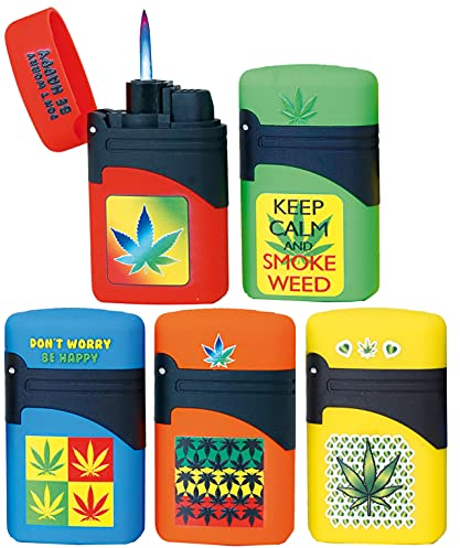 Jetflame Feuerzeug Feuerzeuge mit Deckel und Kiffer Hanf Cannabis Chill Motiven nachfüllbar 5er Pack