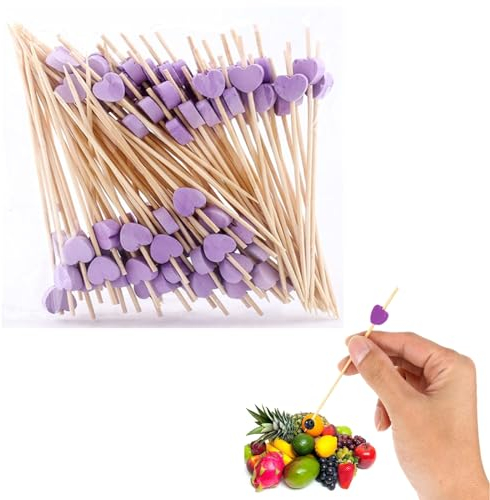 100 Stücke Cocktail Sticks Set, Holz Spieße Cocktailspieße,Fingerfood Partypicker 12 cm, für Party Geschenk Fasching Geburtstag Party, für Grillgut, Fingerfood, Obst-Spieß (Violett)