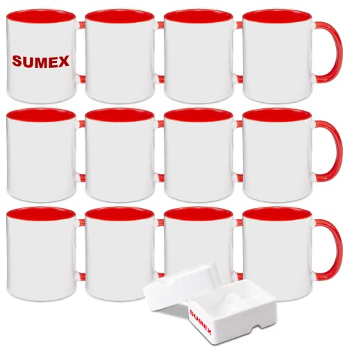 Sumex 11oz Set of 12 Sublimation Blanks Ceramic Coffee Mugs for Tea, Milk, Latte, Hot Cocoa,Red Inner and Handle