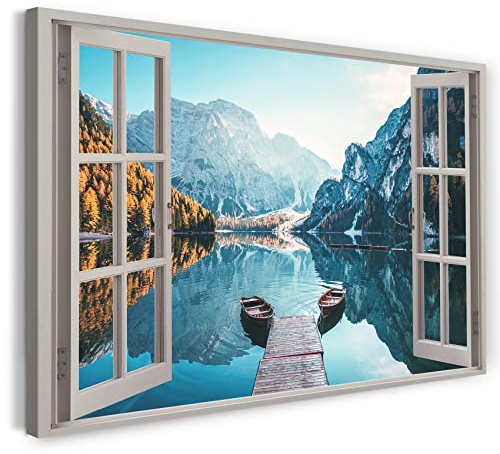 Printistico Bilder Fensterblick 80x60cm Baumwoll-Leinwand auf Keilrahmen mit Aufhänger moderner Kunstdruck XXL Wandbilder Wand-Dekoration Bergsee Spiegelung Boot Sommer Alpen - Natur-Fotografie