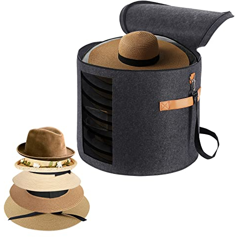 Ohiyoo Hat Box Hat Storage Box with Lid 19'' Hat Storage Boxes for Women & Men Large Round Hat Boxes for Storage Foldable Felt Hat Boxes with Lids Stuffed Animal Toy Storage Bin with Lid (Dark Gray)