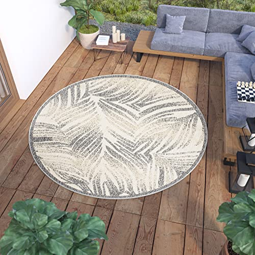 TAPISO Viera Teppich Outdoor Indoor Rund Creme Grau Palmen Loop-Teppich Wetterfest Wasserfest UV-Beständig Terasse Balkon ÖKO-TEX 160 x 160 cm