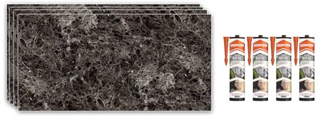 IZODEKOR Wandverkleidung Marmoroptik -4 Pcs 120x60cm- Alternative zu Badfliese/Küchenfliese, Duschwandpaneele, Wandpaneel für Küchenrückwand, Badezimmer, mit 4x Montagekleber | Emperador Dark