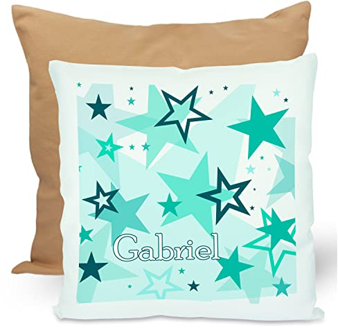 CreaDesign, Kinder Kissen 40x40 cm personalisiert mit Namen, Kinderzimmer Deko Kissen Kinder mit Füllung Federn, Motiv Sterne türkis, Rückenfarbe Beige