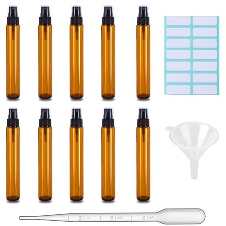 SKYPRO 10Pcs 10ml Amber Glass Spray Bottles, Fine Mist Spray Bottles with Pipette Funnel Labels, Mini Travel Dispenser Bottles for Essential Oils Cleaning Skin Care