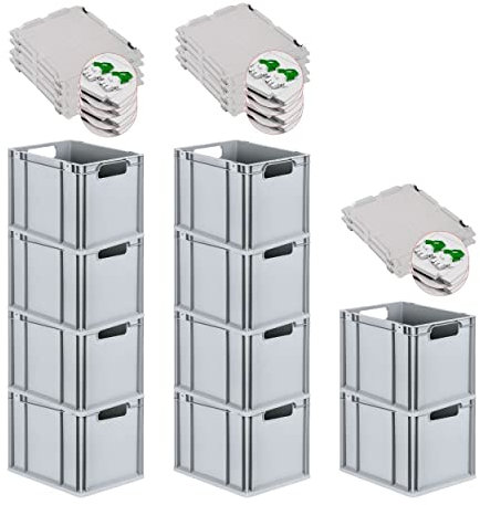 PROREGAL SuperSparSet 10x Eurobox NextGen Economy mit Scharnierdeckel & grünen Verschlüssen | Griffe offen | HxBxT 32x30x40cm | 30 Liter | Eurobehälter Transportbox Transportbehälter Stapelbehälter