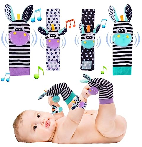 ACCEVO 4Pcs Rassel Baby Socken Babyspielzeug Handgelenk Und Babygeschenke Gurt Rasseln Set Baby Frühe Bildung Spielzeug für Neugeborene Kleinkinder Spielzeug für 0-36 Monat Baby Geschenk