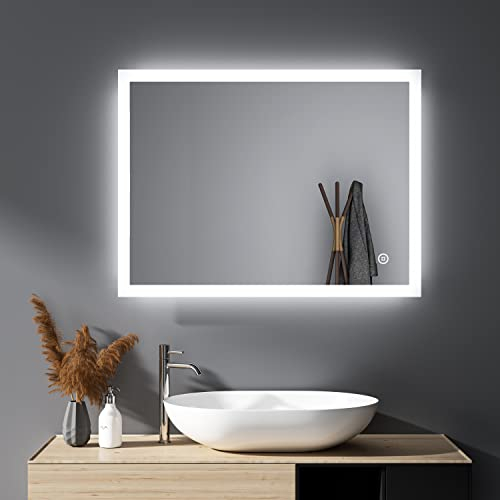 HY-RWML Badspiegel 80x60cm Badezimmerspiegel mit Beleuchtung 3 Lichtfarbe Touch Schalter Rechteckiger Wandspiegel Warmweißes Kaltweiß 6500K Energieklasse A++ für Badezimmer Wohnzimmer