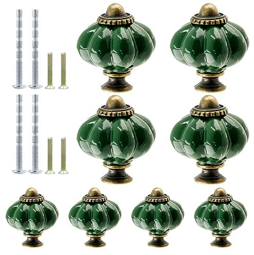 Suiwotin Lot de 8 boutons d'armoire en céramique vert foncé en forme de citrouille de style rétro pour meubles, armoires, placards, coiffeuses