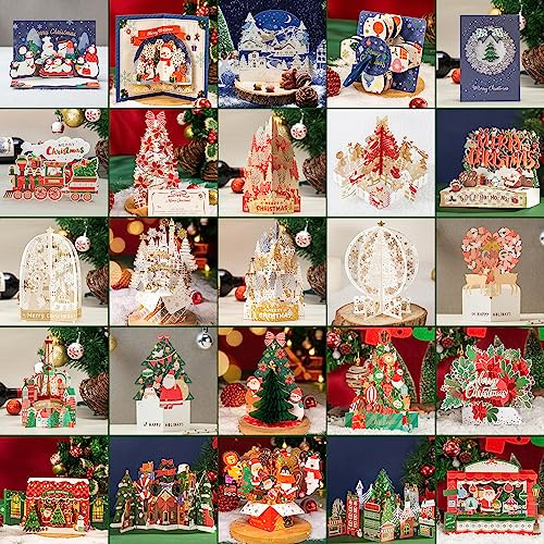 WISHGIFT 25Pcs 3D Christmas Cards, Merry Christmas Cards Handmade, Greeting Cards & Envelopes for Xmas