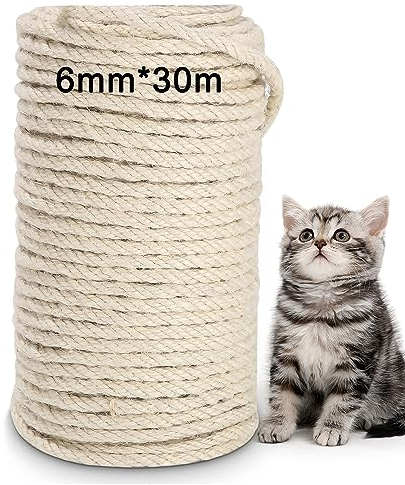 Sisalseil für Kratzbaum 6mm(30 Meter) natürliches Weiß Sisalseil Mehrzweckseil Seil Sisal für Katzen kratzbaum Katzen-Kratzbaum Ersatz und Zubehör für Katzen,Haushalt,Kratzseil,Garten,DIY