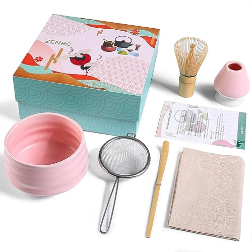 zenrc Ceremony Matcha Kit - Traditional Bamboo Matcha Whisk (Chasen) Scoop (Chashaku) Chawan Bowl with Pouring Spout Whisk Holder Sifter Tea Tray- The Perfect Matcha Set (Set of 6, Pink)
