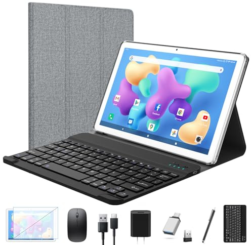 FEONAL 2024 Newest Android Tablet 10 inch, Octa-Core 5G WiFi Tablet with Keyboard, 128GB + 4GB + 1TB Expandable Storage, Silver