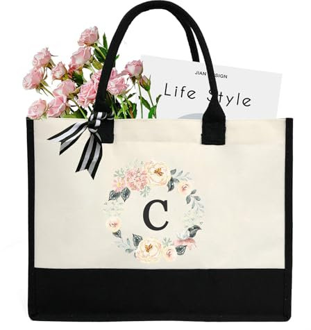 A-Z Canvas-Tragetasche mit 26 Buchstaben, personalisierte Geschenktasche, geeignet für Hochzeit, Geburtstag, Strand, Urlaub, ist ein tolles Geschenk für Frauen, Mütter, Lehrer, Freunde, Brautjungfern