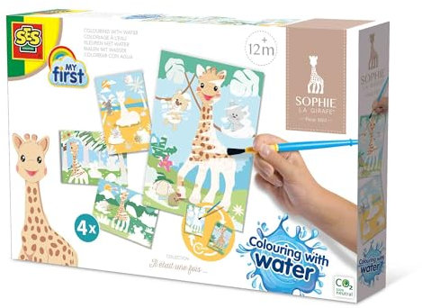 SES Creative | Sophie la girafe Coloriage Magique à l'Eau | Jeu Éducatif Réutilisable | 4 Cartes Sans Dégâts + Pinceau Sécurisé | Activité Créative Bébé 1 an+ | Éveil Sensoriel et Motricité Fine