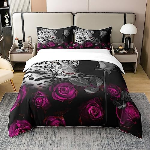 Homewish Coton, Housse de Couette Guépard 200x200, Ensemble de Literie Léopard, Parure de Lit Rose pour Garçons Enfants Filles, Housse Couette Africaine À Thème Safari Sauvage