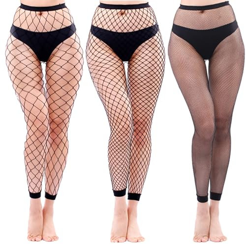 DGUSO 3 Piezas Red de Pesca Medias Malla Pantimedias Elástico, Medias de Rejilla Negras de Cintura Alta, Adecuado para Fiestas Cosplay y Otras Fiestas de Baile, Negro