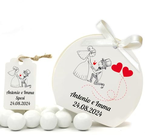 Mr Pubblicità - kit da 75 pezzi PERSONALIZZATI (stampa inclusa) - 25 Scatoline Portaconfetti + 25 Tag + 25 Nastrini, Per Sposi, Matrimonio, Nozze, Promessa, Scatolino, Bomboniera