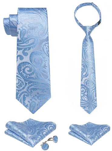 DiBanGu 2-teiliges Set für Vater und Sohn, Seide, verstellbare Krawatte und Einstecktuch, Manschettenknöpfe, vorgebundene Krawatte für Kinder, Himmelblaues Paisley, Einheitsgröße
