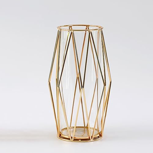 Vase Décoratif en Verre avec Support Métallique, Design Géométrique Élégantpour Centres de Table et Décoration Intérieure, pour Fleurs, Pampas et Plantes Hydroponiques - 22 cm, Doré