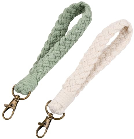 Rundago 2 Stück Schlüsselanhänger Frau Makramee 18 cm, Handgefertigtes Armband Schlüsselband, Boho Geflochtener Schlüsselanhänger, für Schlüssel, Autoschlüssel (Weiß, Sojagrün)