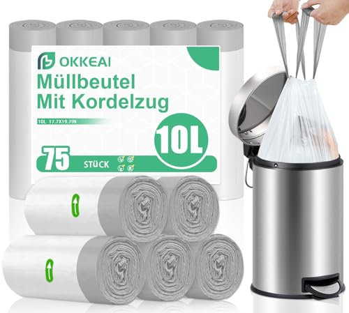 OKKEAI Müllbeutel 10L mit Zugband Mülltüten Kleine Müllsäcke,75 Stück Weiß Abfallbeutel