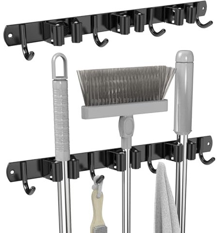 3-H 1 Pièce Accroche Balai Mural 2-en-1 (Fixation Adhésif ou Vis), Porte Balais Mural avec 3 Supports & 4 Crochets en Acier Inoxydable 304 pour Salle de Bain, Garage, Cuisine,Jardin,Buanderie,Noir