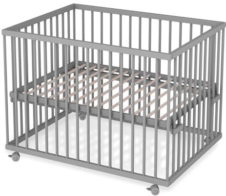 Sämann Laufstall Baby mit Lattenrost | stufenlos höhenverstellbar | Laufgitter Premium | Babybett aus Holz | Krabbelgitter (grau, 75x100 cm)